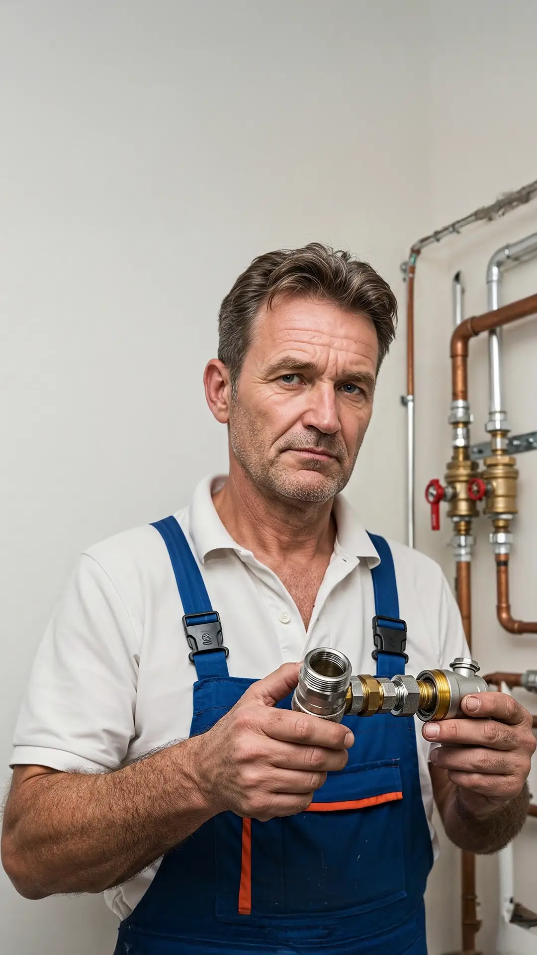 Idraulico uomo maturo con salopette blu che tiene un pezzo di tubo di metallo davanti a impianto idraulico.