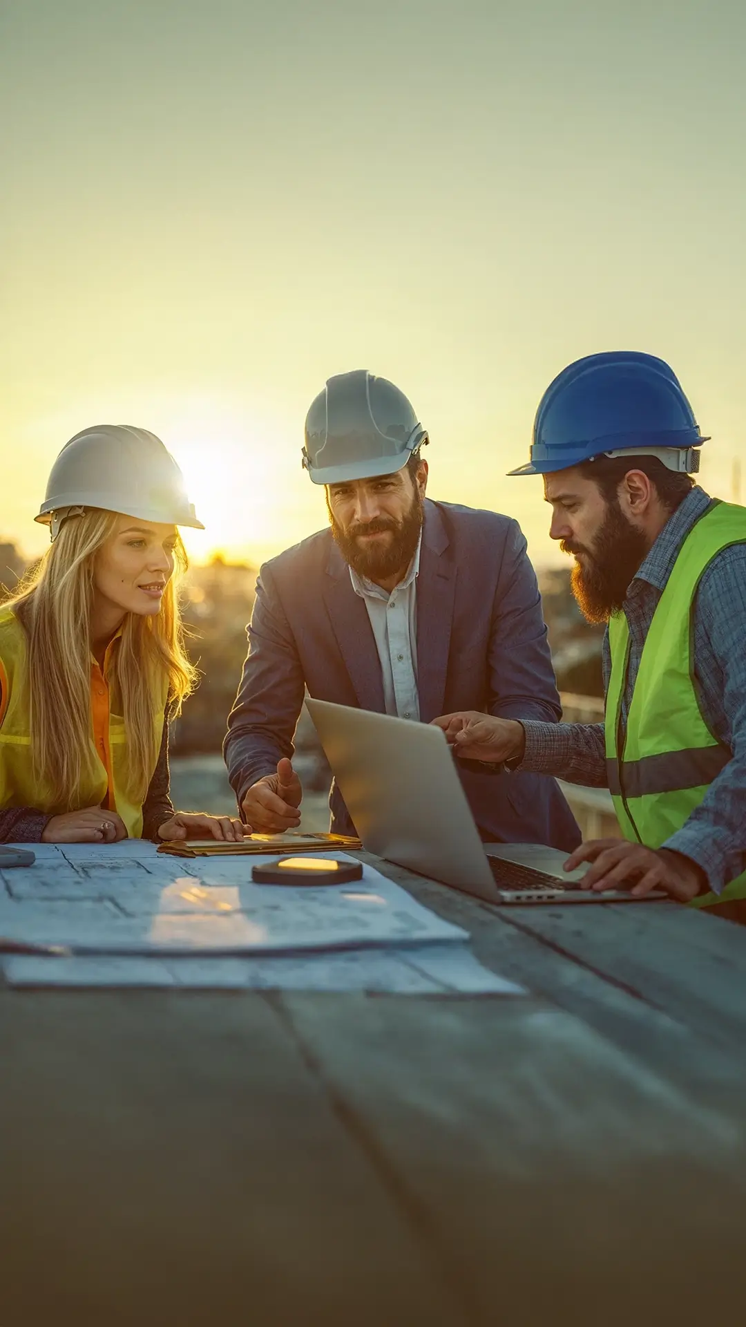 Tre operai con caschi di sicurezza discutono su un cantiere mentre guardano un computer portatile al tramonto.