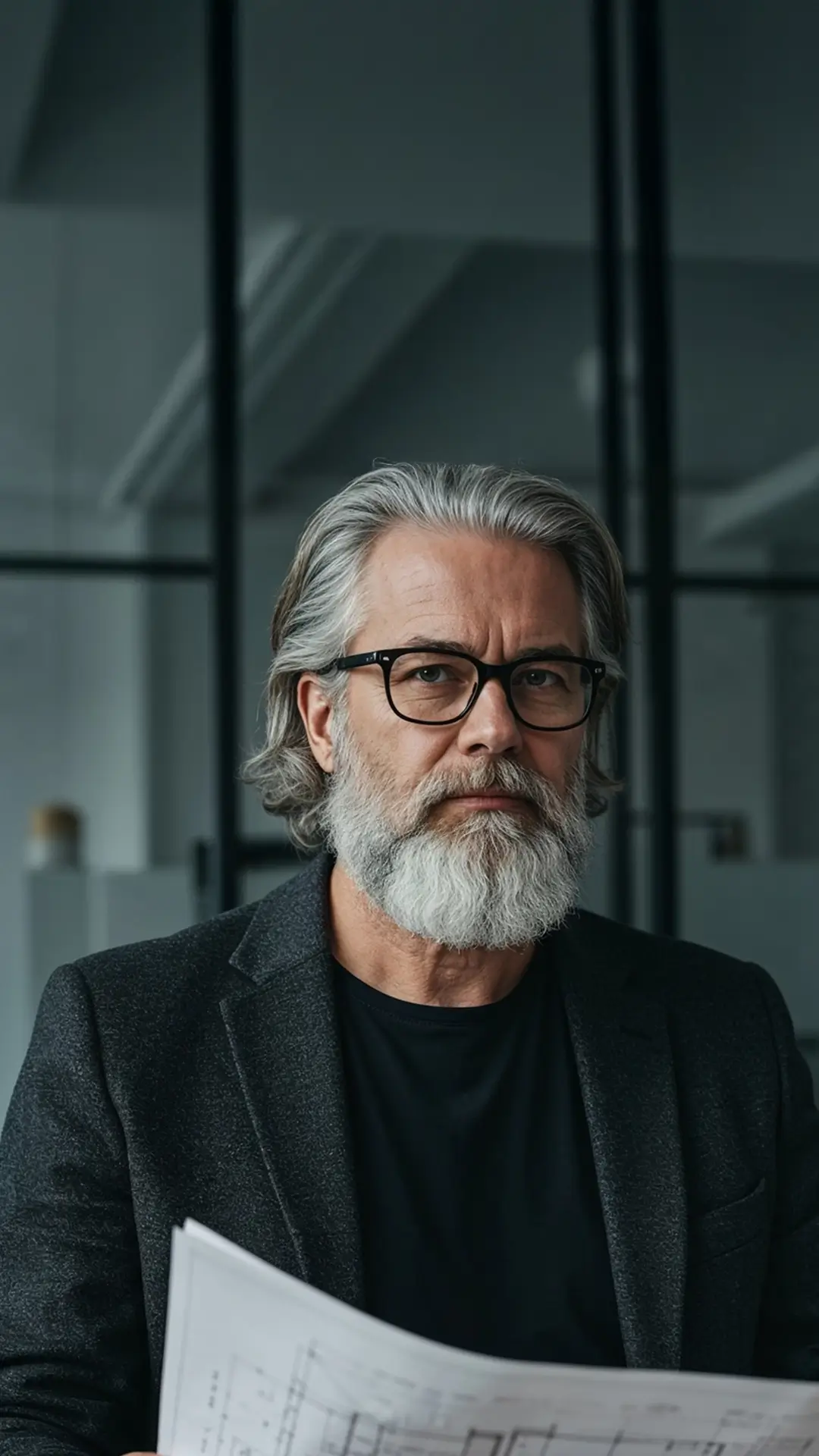 Uomo maturo con barba bianca e occhiali che indossa una giacca scura mentre tiene in mano disegni tecnici in un ufficio moderno.