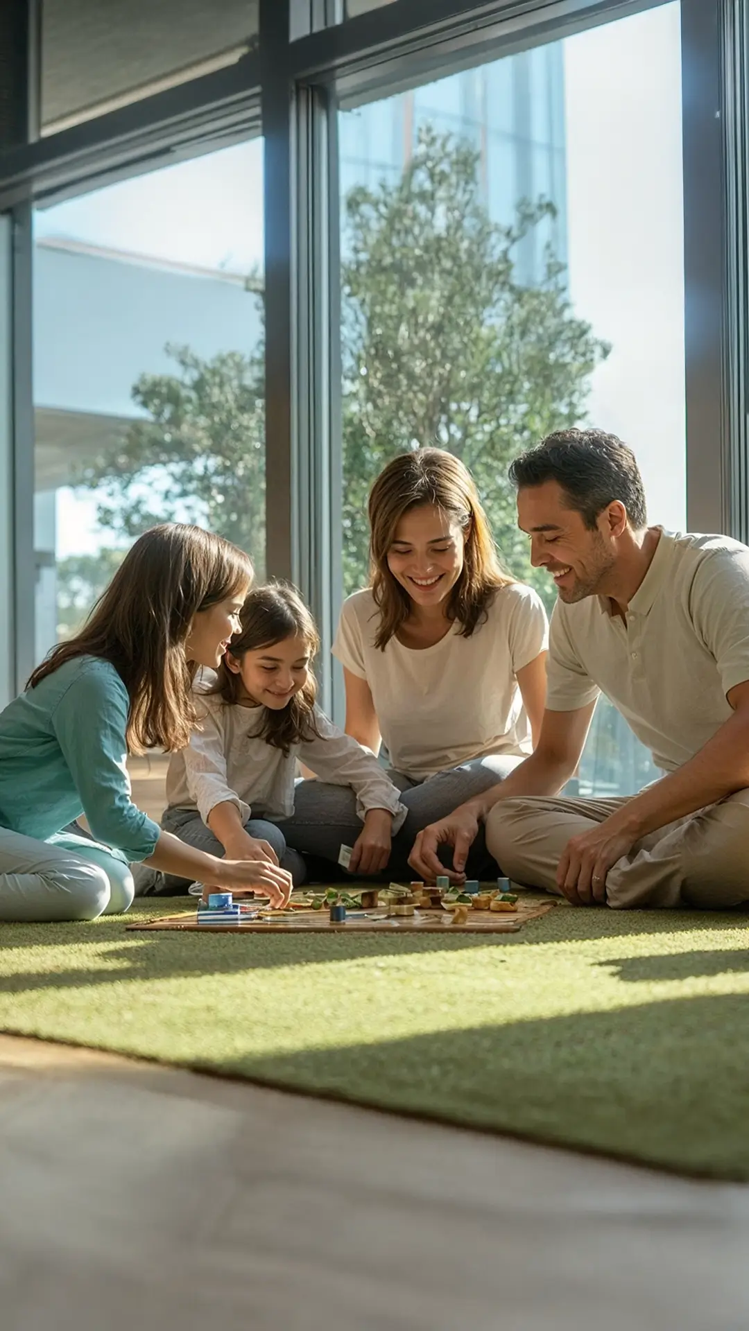 Famiglia seduta sul tappeto vicino a una finestra grande mentre gioca insieme a un gioco da tavolo.