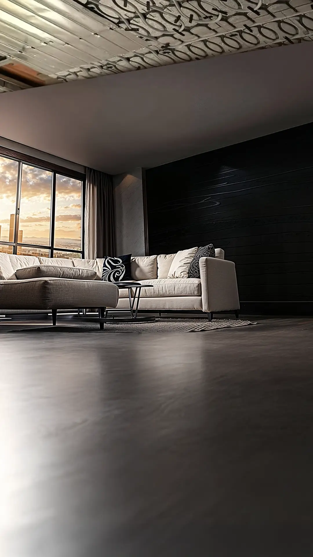 Soggiorno moderno con divano angolare beige, tavolino nero e grande finestra che mostra un tramonto sulla città.