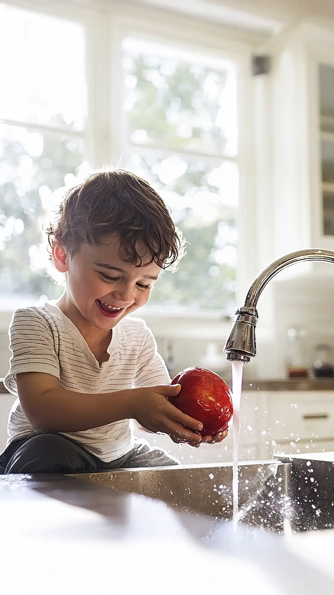 Bambino che sorride mentre lava una mela rossa sotto il rubinetto di una cucina luminosa.