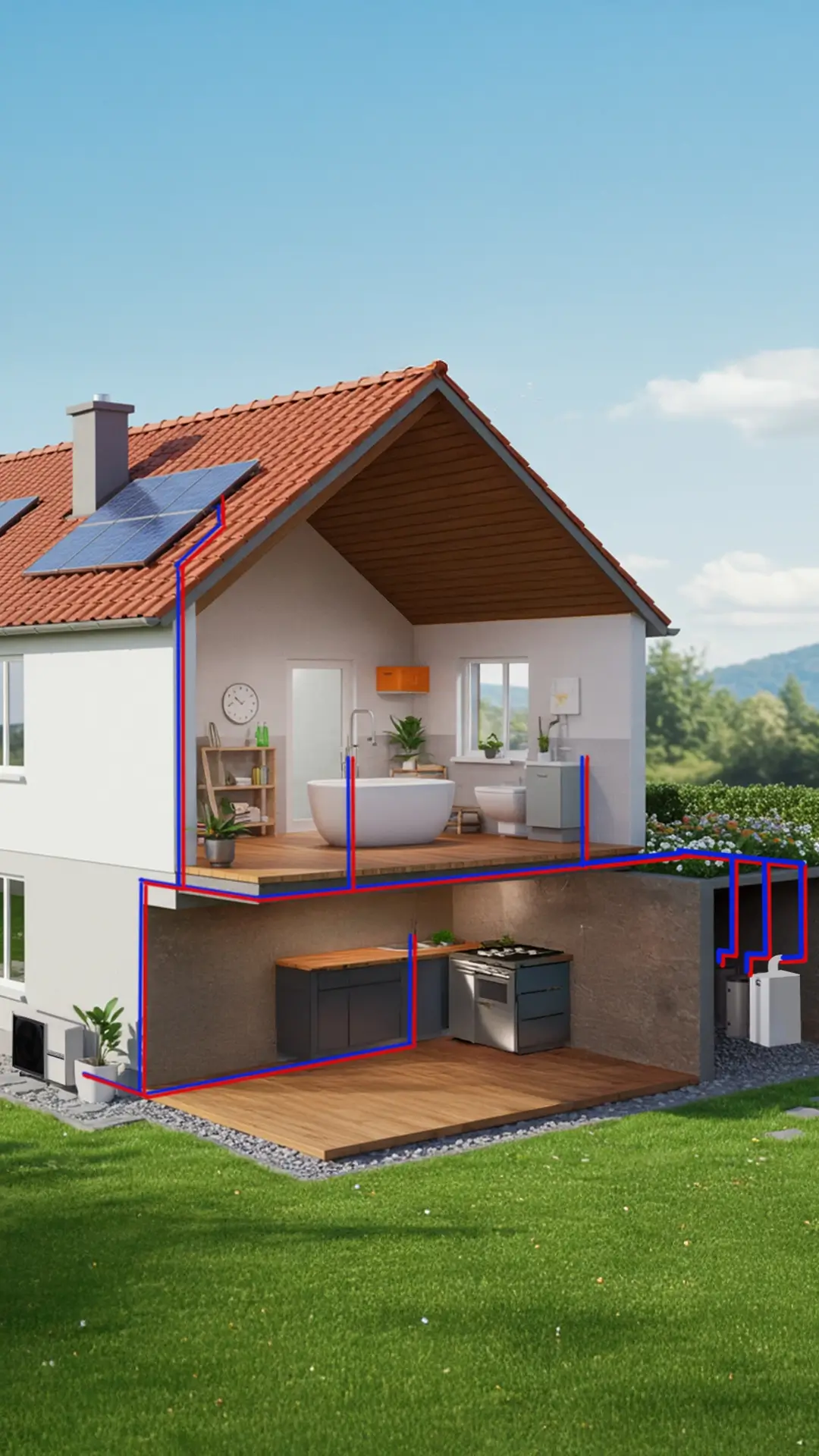 Modello tagliato di una casa con pannelli solari sul tetto e tubature blu e rosse che evidenziano un sistema di riscaldamento e acqua calda collegato al bagno e alla cucina.