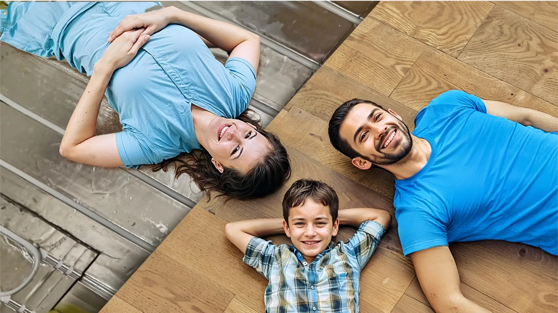 Famiglia felice sdraiata a terra sorridente, composta da madre, padre e figlio.
