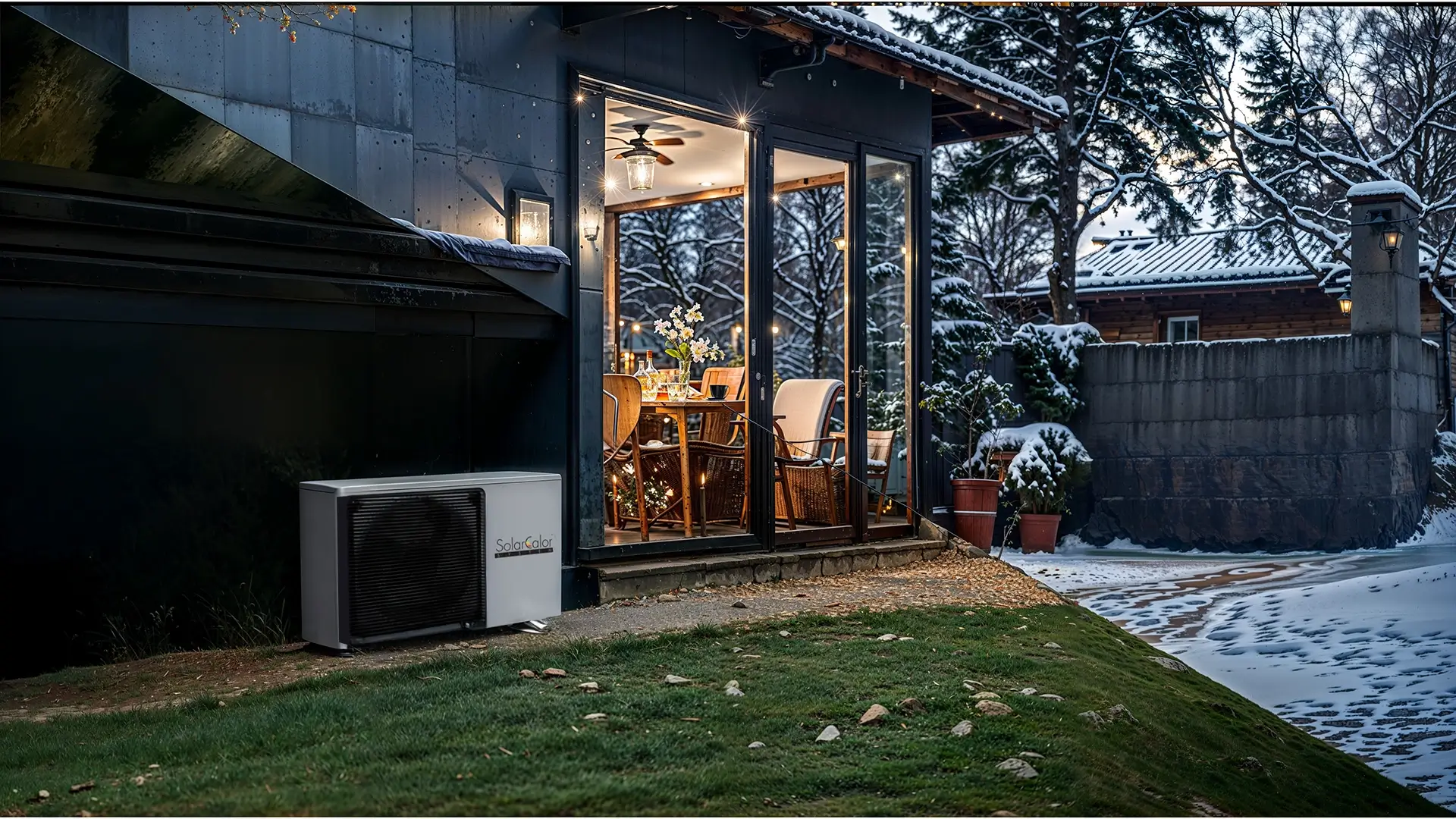 Unità esterna di sistema di riscaldamento SolarCalor accanto a una casa con veranda illuminata, circondata da neve e alberi in inverno.