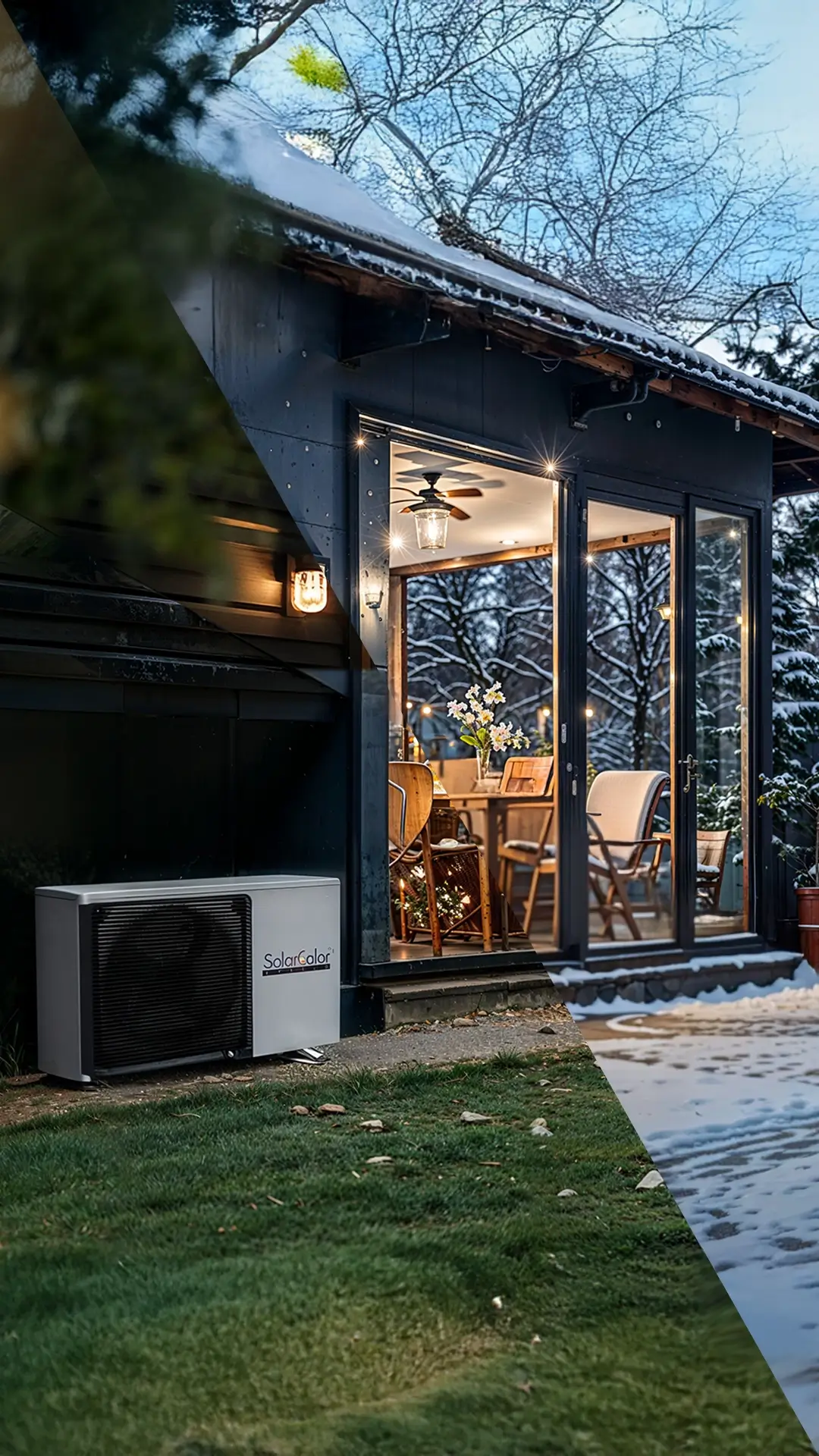 Unità esterna di climatizzazione SolarColor accanto a una casa con veranda vetrata illuminata di sera, prato verde e neve sul terreno.