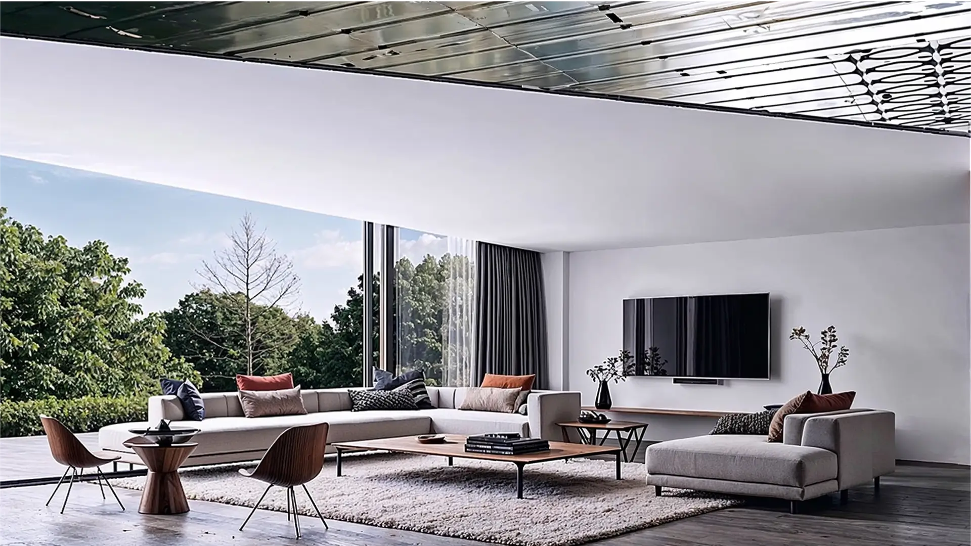 Soggiorno moderno e luminoso con divano ad angolo, poltrone in legno, tavolino basso e grande finestra che mostra alberi verdi all'esterno.