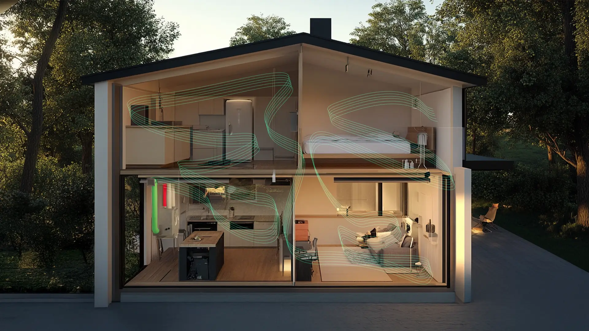 Sezione trasversale di una casa moderna con due piani che mostra cucina, soggiorno e camere da letto, con una rappresentazione grafica del flusso d'aria.