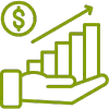 Icona verde con una mano che sostiene un grafico a barre con frecce verso l'alto e un simbolo di dollaro.
