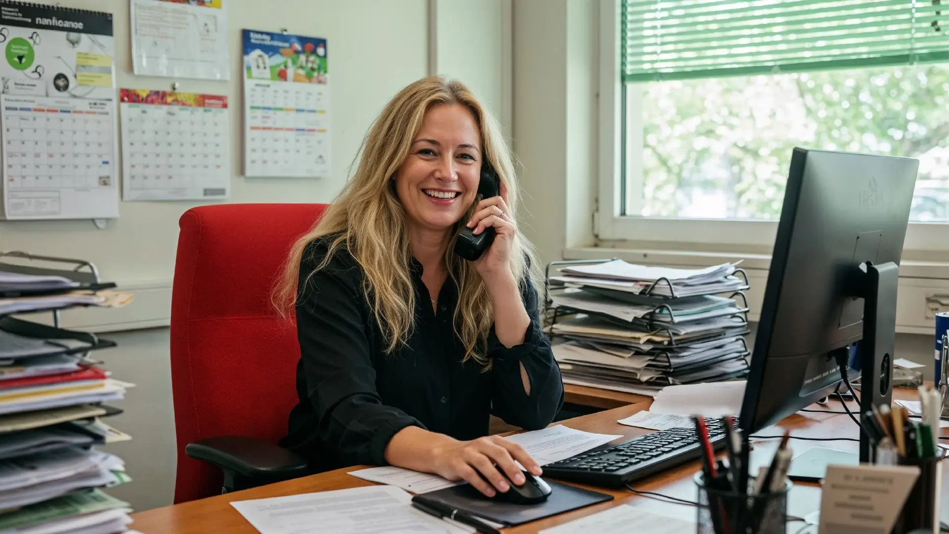 Donna sorridente con camicia nera parla al telefono alla sua scrivania in ufficio con computer e pile di documenti.