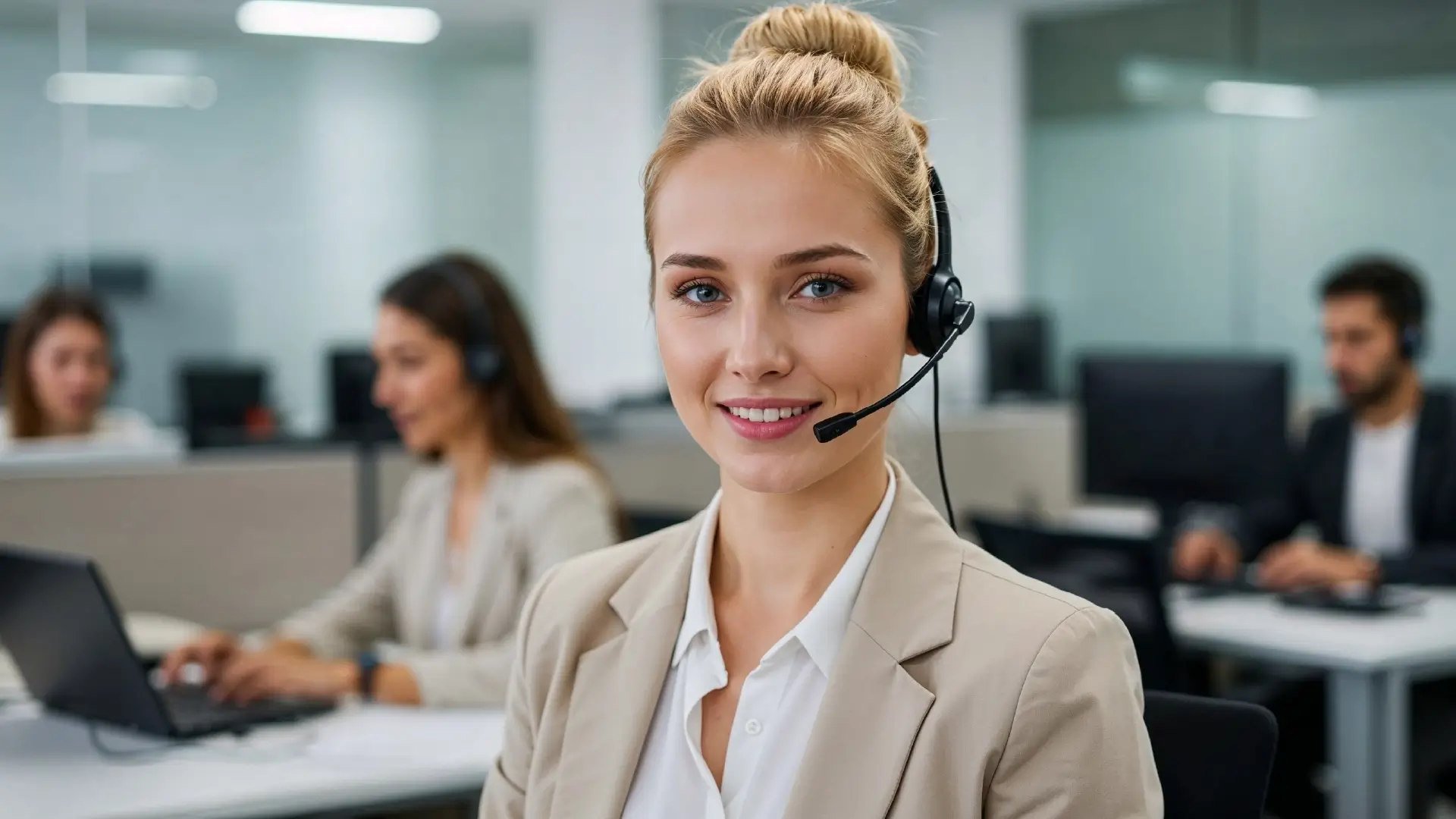 Operatrice di call center sorridente con cuffia, in ufficio moderno con altri colleghi al lavoro sullo sfondo.
