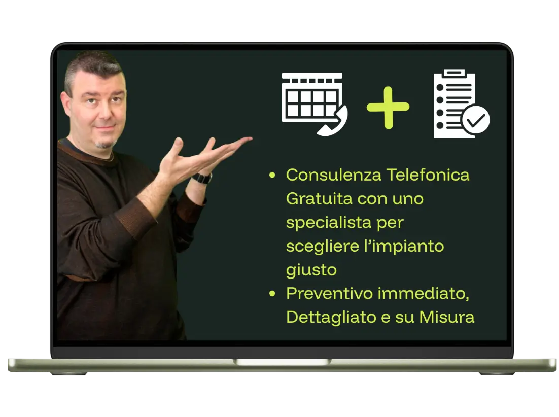 Uomo che indica, accanto a icone di calendario e lista, testo che pubblicizza consulenza telefonica gratuita con specialista e preventivo dettagliato e su misura.