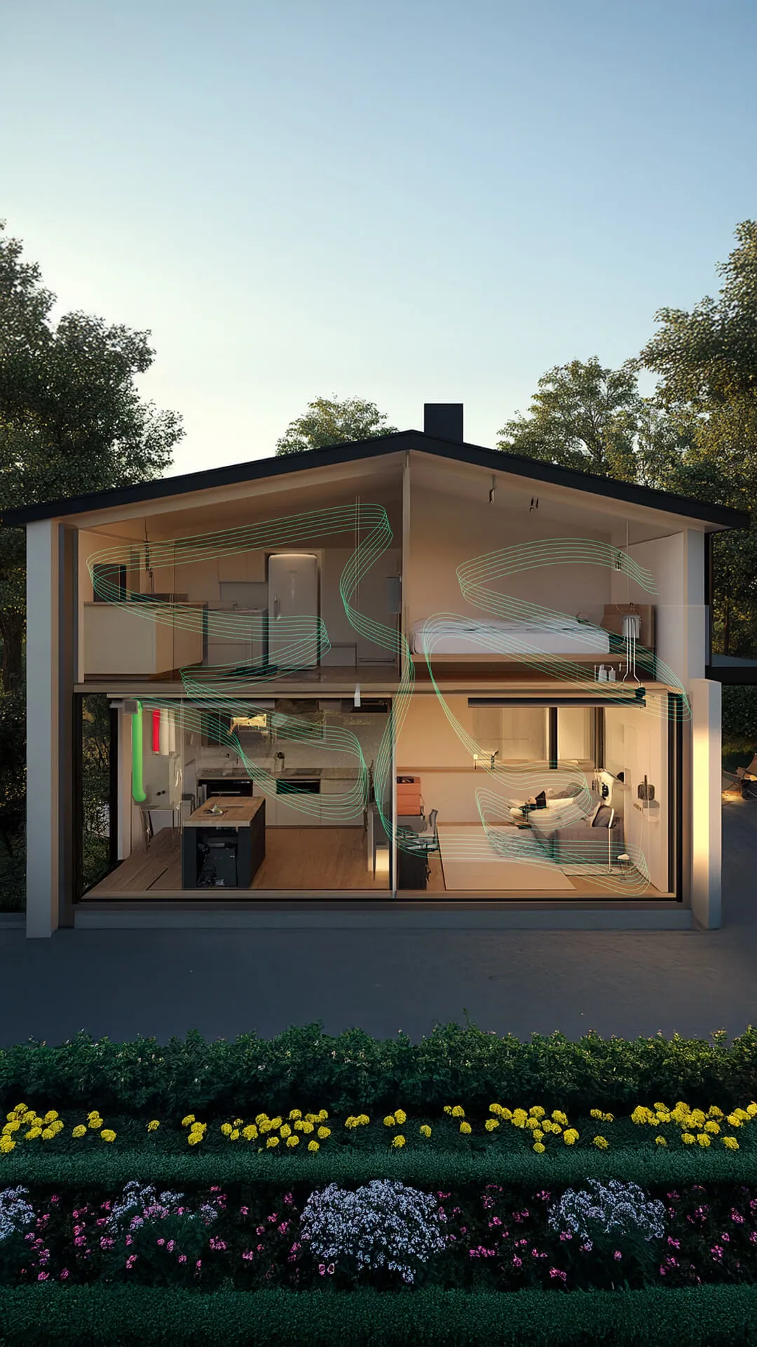 Sezione trasversale di una casa moderna a due piani con cucina, soggiorno e camera da letto, circolazione dell'aria visibile tramite linee verdi.