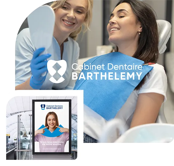 Une dentiste souriante avec des gants bleus tient un miroir pour une patiente assise dans un fauteuil dentaire portant un protège-blouse bleu, la patiente sourit. En inset, une affiche publicitaire du Cabinet Dentaire Barthelemy montrant une femme souriante sur fond violet avec le texte « Nous nous soucions de votre sourire. »