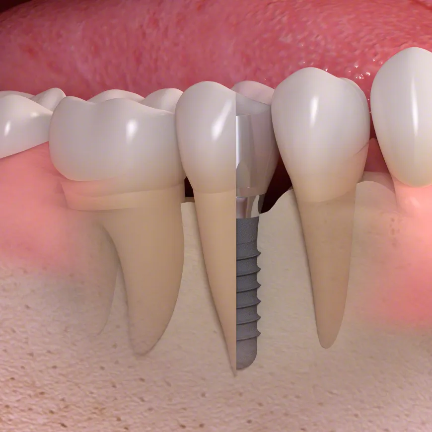 Implant unitaire portant une couronne, entre deux dents naturelles