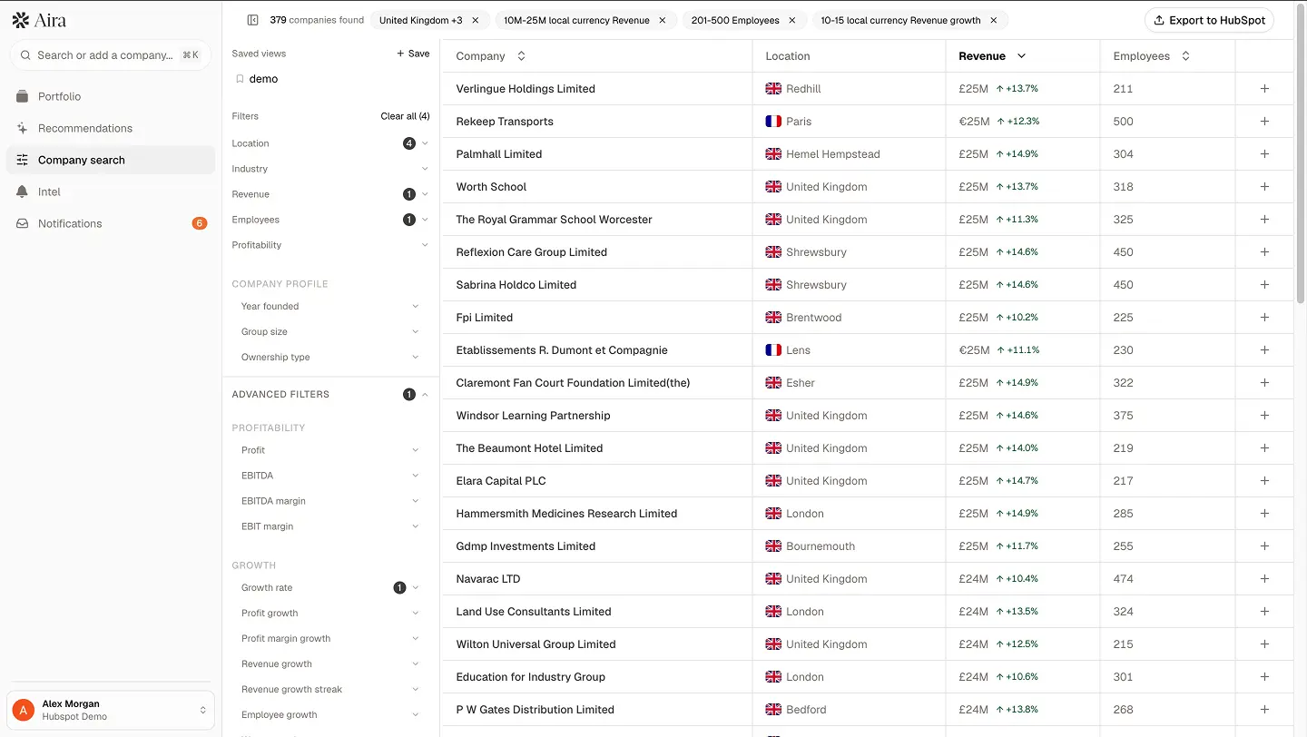 Aira company search — filter and import companies into HubSpot