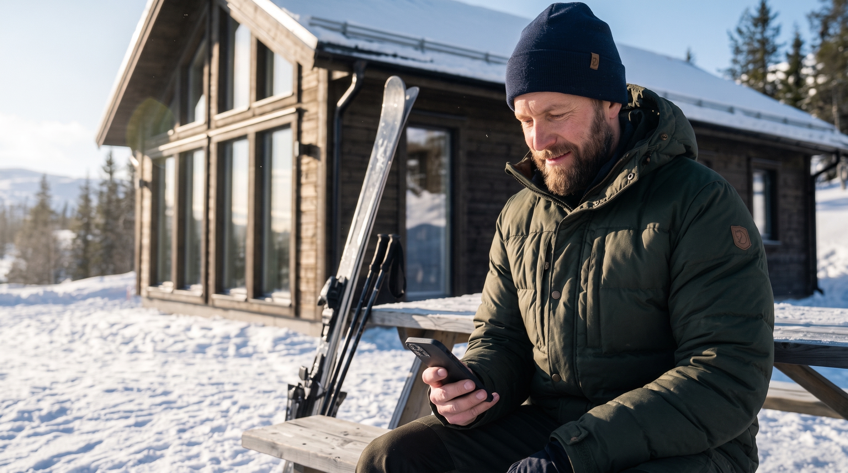 Företagare i vinterjacka som läser i mobilen utanför en fjällstuga