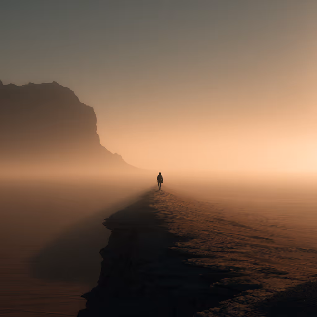 Person walking alone on a narrow path through soft morning fog with mountains in the distance and warm golden light at dawn.