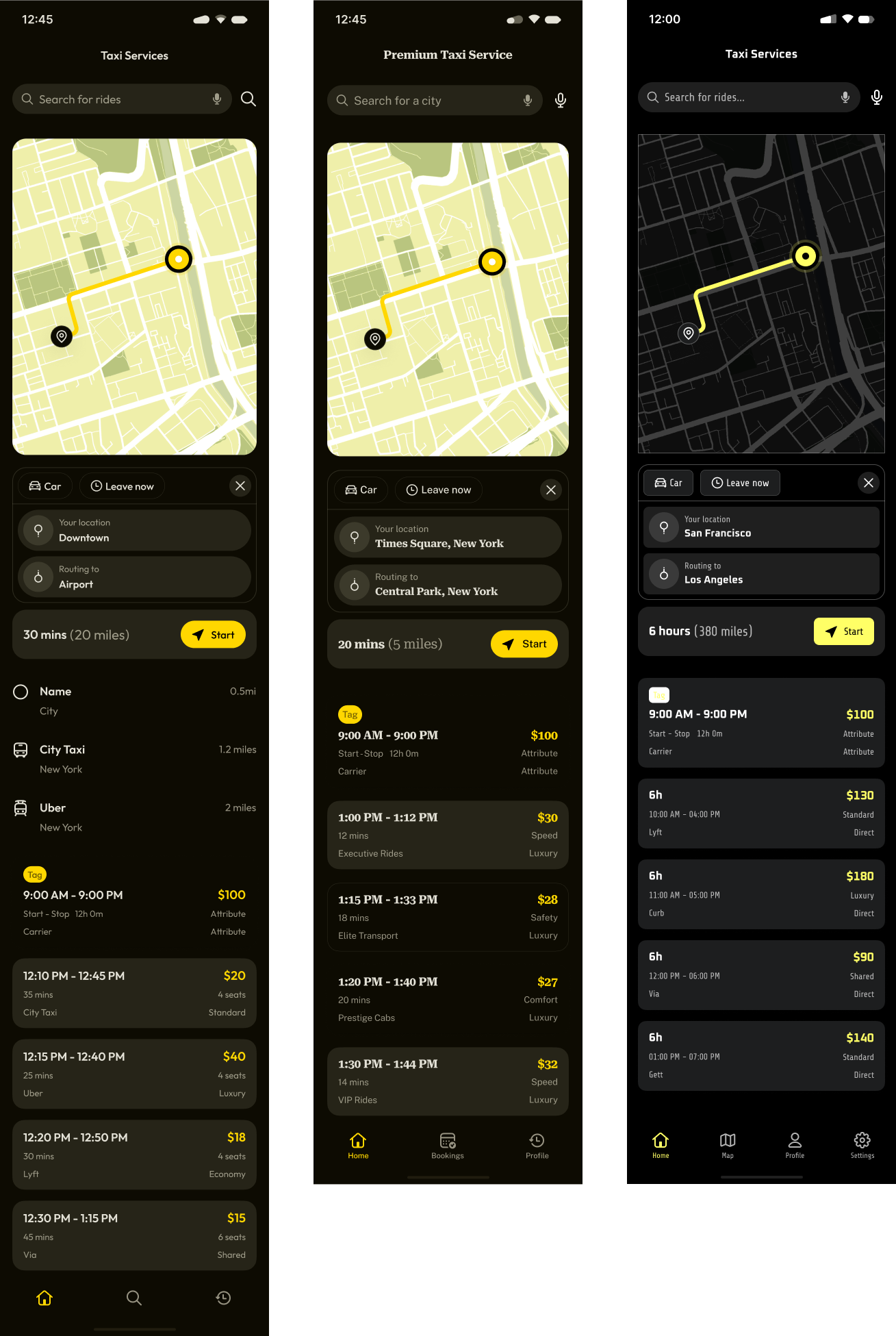Screen generated from prompts: ‘Create an app for taxi services, where users can order rides, see availability on the map and compare prices. The app will be available in the biggest cities (population >100,000).’‘Create an app for taxi services, where users can order rides, see availability on the map and compare prices. The app will be available in the biggest cities (population >100,000) and will be focused on the premium client segment.’‘Create an app for taxi services, where users can order rides, see availability on the map and compare prices. The app will be available in the largest cities (population >100,000) and will be focused on business clients.’