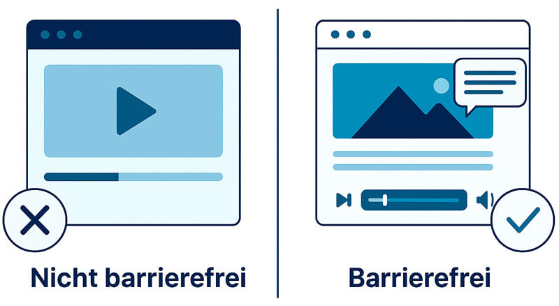 Zwei Videoplayer im Vergleich: links ein einfacher Player ohne Untertitel oder Steuerung, rechts ein barrierefreier Player mit Bildbeschreibung, Untertitel-Dialog und Steuerungselementen.