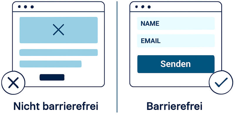 Vergleich von zwei Formularen: links ohne Beschriftungen und mit schlecht lesbaren Feldern, rechts barrierefreies Formular mit deutlicher Beschriftung und kontrastreichem Button.