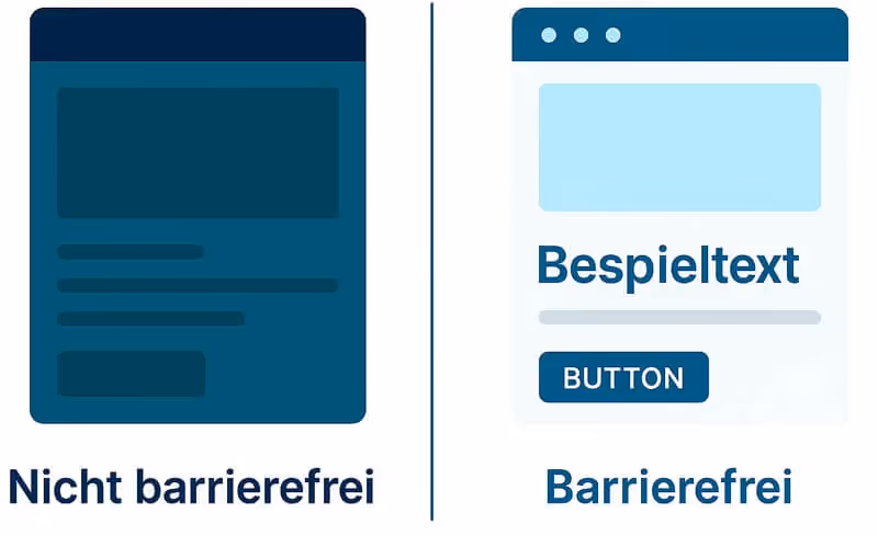 Vergleich zweier Webseiten: links ein nicht barrierefreies, unübersichtliches Layout mit geringem Kontrast, rechts ein barrierefreies Layout mit klarer Struktur, hohem Kontrast und gut lesbaren Elementen.