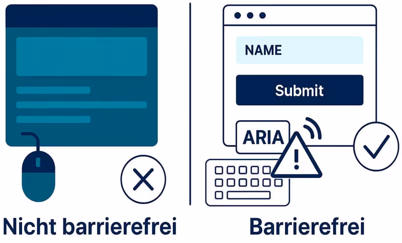 Links eine Website mit Fokus auf Maussteuerung und fehlender Tastaturbedienbarkeit, rechts eine barrierefreie Variante mit sichtbaren Labels, ARIA-Markierungen und Hinweis auf barrierefreie Fehlermeldung.