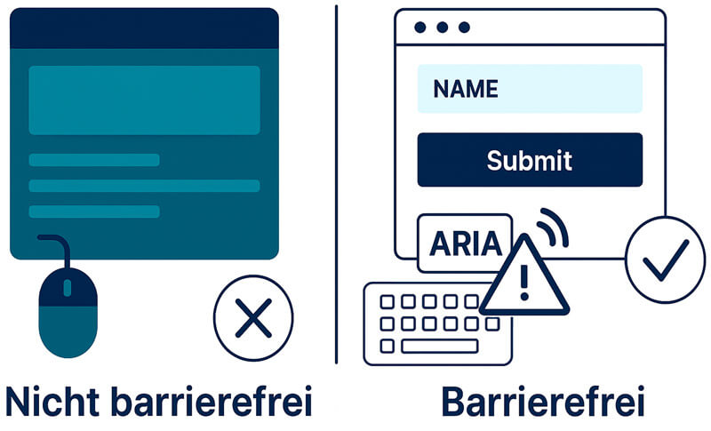 Links eine Website mit Fokus auf Maussteuerung und fehlender Tastaturbedienbarkeit, rechts eine barrierefreie Variante mit sichtbaren Labels, ARIA-Markierungen und Hinweis auf barrierefreie Fehlermeldung.