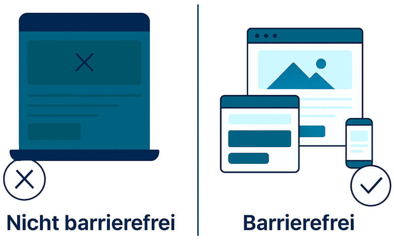 Links ein Laptop mit einer nicht barrierefreien, nicht responsiven Website, rechts ein barrierefreies Design, das auf Desktop, Tablet und Smartphone korrekt dargestellt wird.