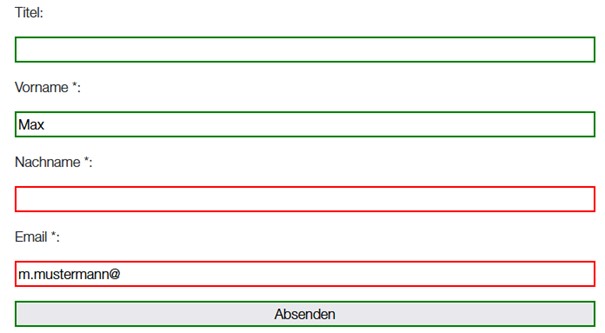 Formular mit grünem Titel und Vornamen sowie rot markiertem Nachnamen und unvollständiger E-Mail.
