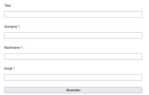 Leeres Formular mit Feldern für Titel, Vorname, Nachname und E-Mail sowie einem Absenden-Button.