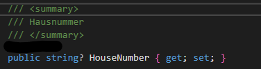 Property 'HouseNumber' mit XML-Kommentar "Hausnummer".