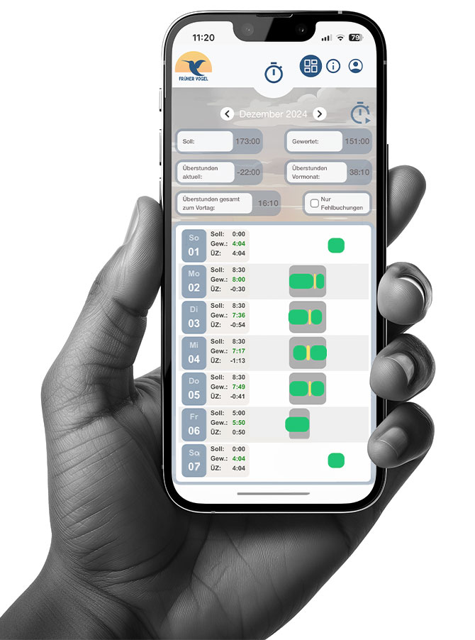 Hawis Zeiterfassungs App auf einem Handy zu sehen.