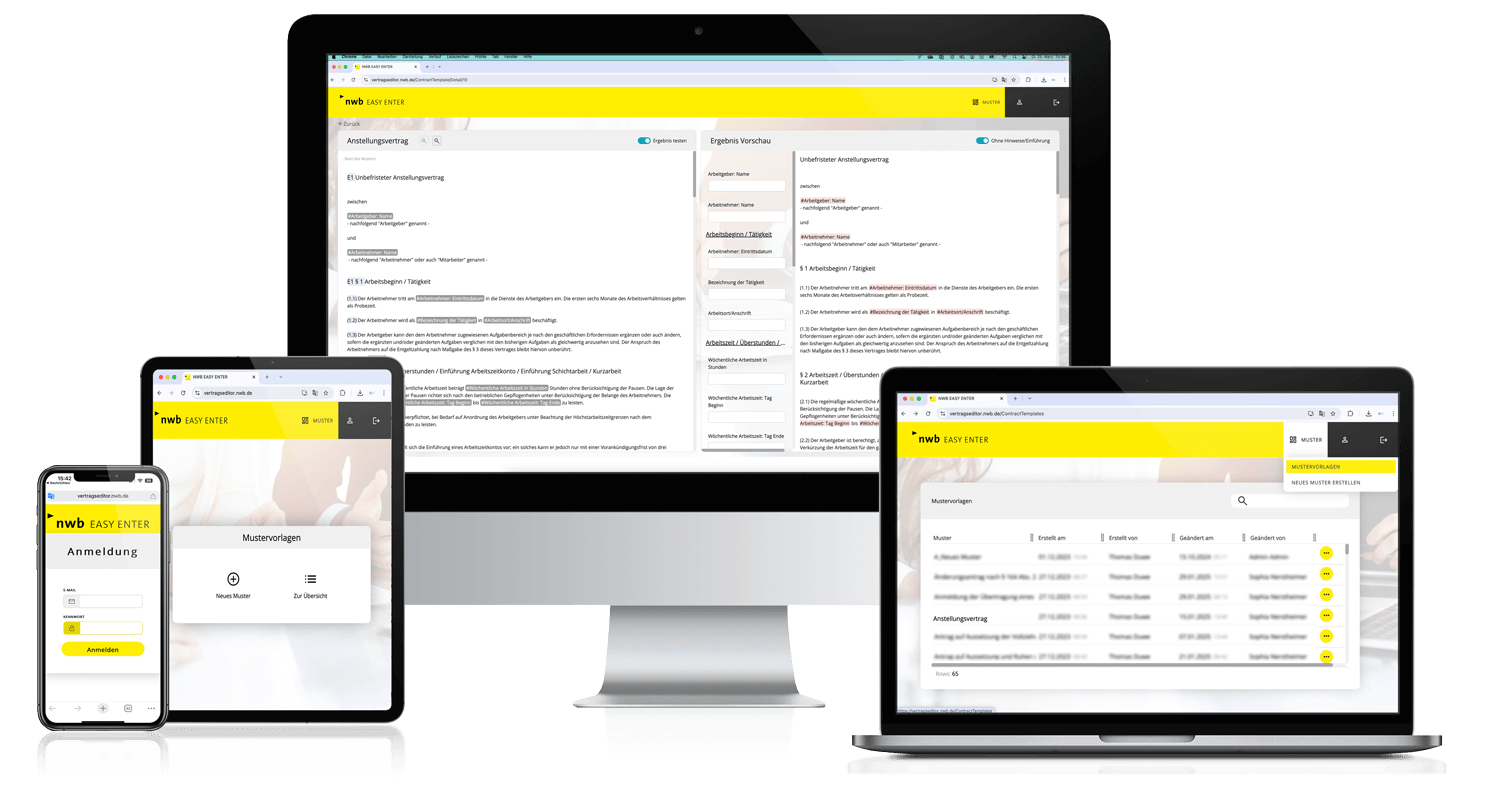 Responsive Webanwendung „nwb EASY ENTER“ dargestellt auf Smartphone, Tablet, Laptop und Desktop-Bildschirm.