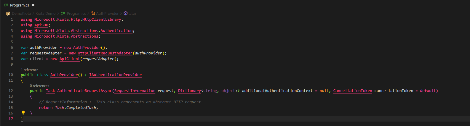 C#-Code mit Definition eines Authentication Providers für Kiota
