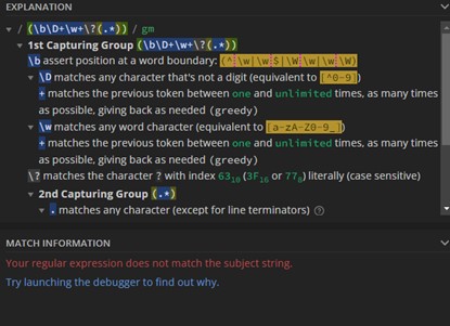 Kein Treffer, rote Meldung unten mit Erklärung und Debugger-Vorschlag.