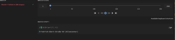 Schrittweises Durchlaufen des Regex-Matches, aber kein Erfolg.