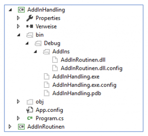 Visual Studio Projektstruktur mit AddInHandling, AddInRoutinen-DLLs und Debug-Ausgabeverzeichnis im Explorer
