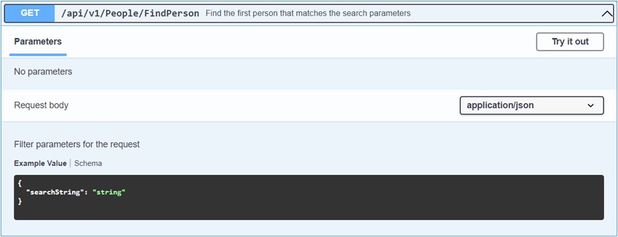 Swagger-Dokumentation für GET /api/v1/People/FindPerson mit JSON-Beispiel-Body zur Personensuche