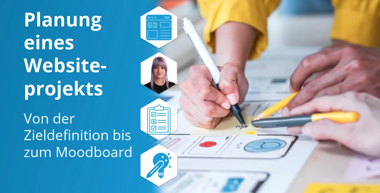 Planung eines Websiteprojekts: Hände skizzieren Layoutideen, daneben Icons zu UX, Checkliste und kreativer Gestaltung.