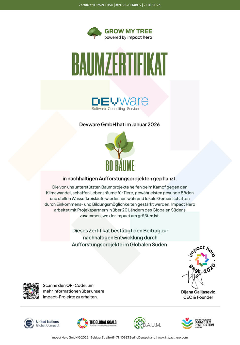 Zertifikat: 60 Bäume für Devware gepflanzt