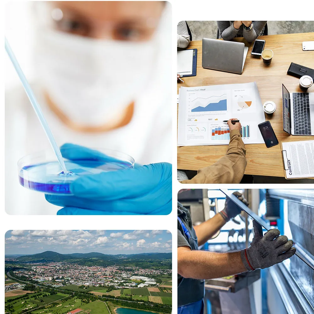 Collage mit Laborarbeiterin mit Pipette, Geschäftstreffen mit Diagrammen auf dem Tisch, Luftaufnahme einer Stadt und Person mit Arbeitshandschuhen an einer Metallmaschine.