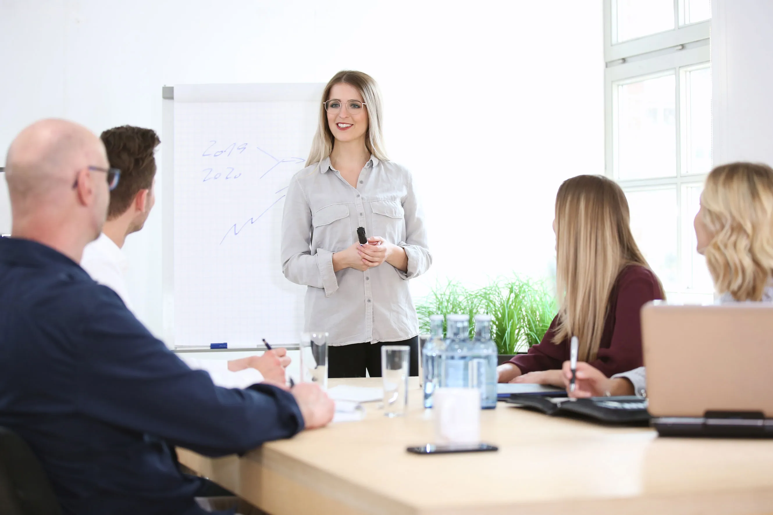 Frau hält eine Präsentation vor drei Kollegen in einem hellen Besprechungsraum mit Flipchart.