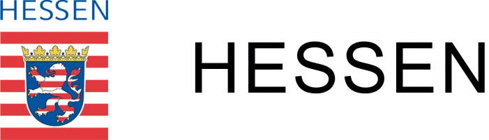 Logo des Bundeslandes Hessen mit weißem Löwen auf blauem Schild und goldener Krone sowie Schriftzug Hessen.