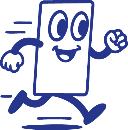 Lustiger lächelnder rechteckiger Charakter mit Armen und Beinen, der schnell läuft.