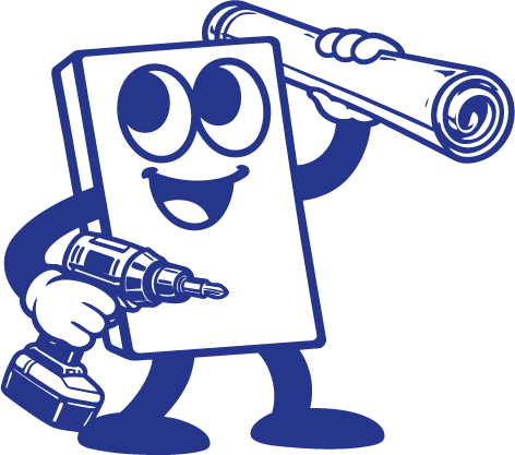 Fröhliche Buchfigur mit großen Augen hält eine aufgewickelte Rolle und einen Akkuschrauber.