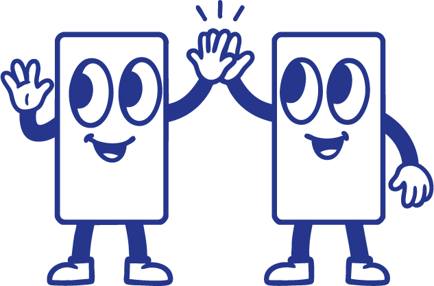 Zwei cartoonartige Rechtecke mit Augen und Mündern geben sich fröhlich ein High-Five.