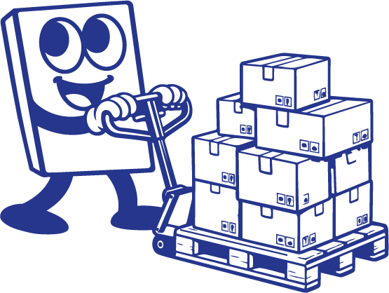 Comicfigur bedient eine Hubwagenpresse mit einem Stapel Kartons auf einer Palette.