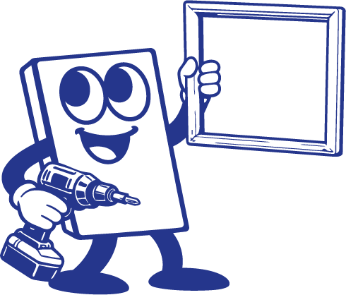 Lächelndes rechteckiges Maskottchen mit großen Augen hält einen Akkubohrer in der einen Hand und einen leeren Bilderrahmen in der anderen.