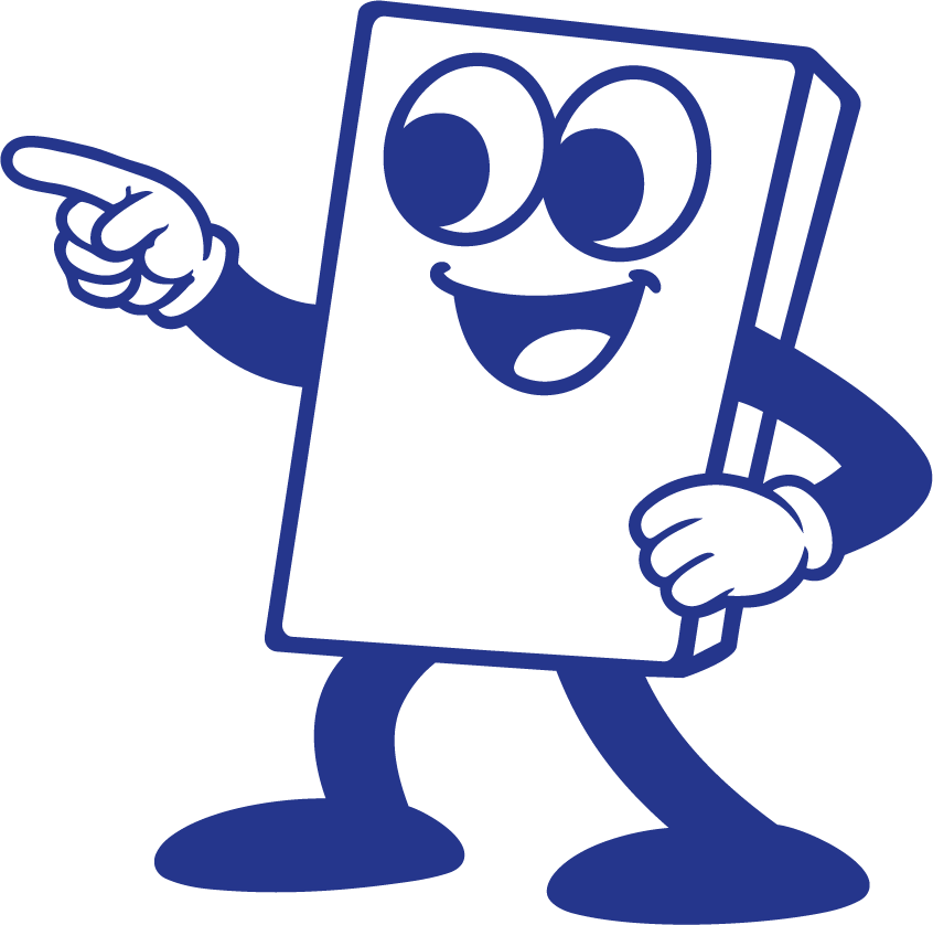 Fröhliches blaues Buch mit Armen, Beinen und großen Augen, das nach links zeigt.